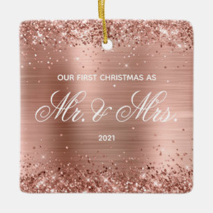 Glittery Rose Gold Foil Our First Christmas Ceramic Ornament