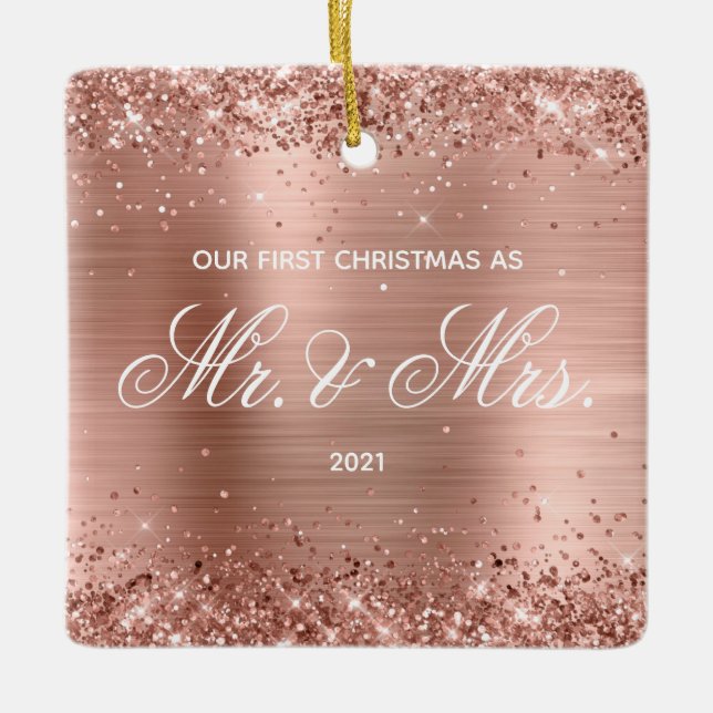 Glittery Rose Gold Foil Our First Christmas Ceramic Ornament (Front)
