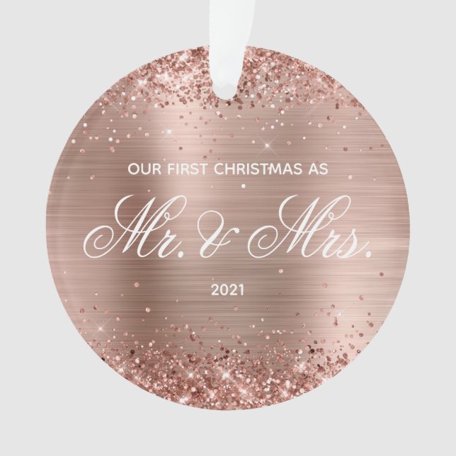 Glittery Rose Gold Foil Our First Christmas Ornament (Front)