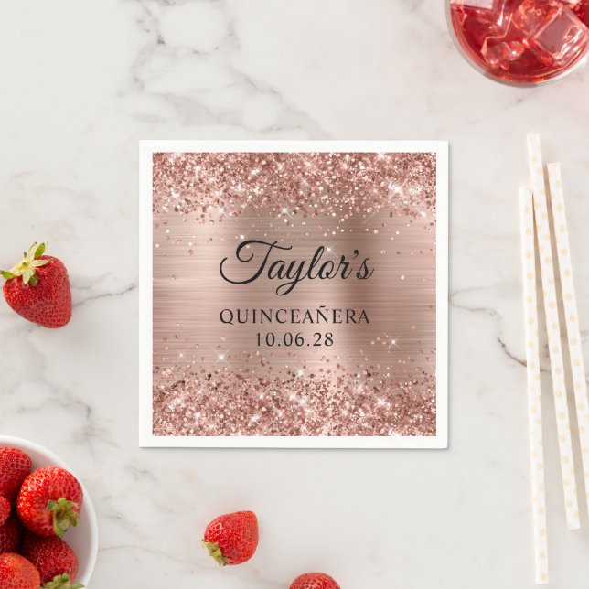 Glittery Rose Gold Foil Personalized Quinceañera Napkin (Insitu)