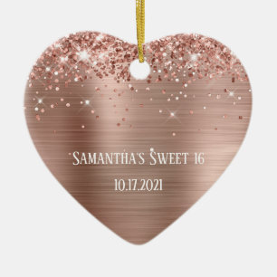 Glittery Rose Gold Foil Personalized Sweet 16 Ceramic Ornament