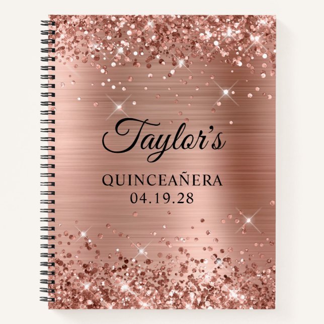 Glittery Rose Gold Foil Quinceanera Guest Notebook (Front)