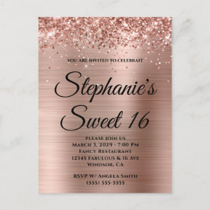 Glittery Rose Gold Foil Sweet 16 Invitation Postcard
