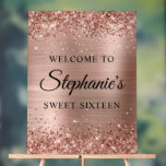 Glittery Rose Gold Foil Sweet Sixteen Welcome Acrylic Sign<br><div class="desc">Create your own 16th birthday party welcome 18x24 acrylic sign for your daughter. Replace the sample image with your own family photo. Customize the modern elegant calligraphy with a modern all caps style font to create your own personalized sign. The background features a faux sparkly rose gold glitter with a...</div>