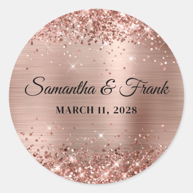 Glittery Rose Gold Foil Wedding Classic Round Sticker (Front)