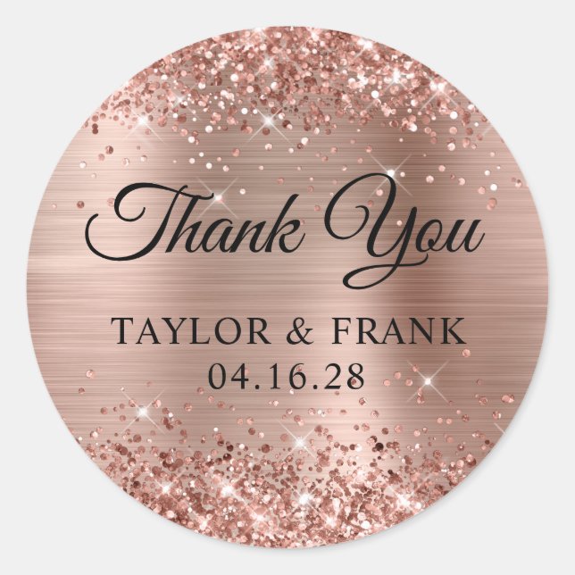 Glittery Rose Gold Foil Wedding Thank You Classic Round Sticker (Front)