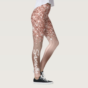 Glittery Rose Gold Glam Brush Script Name Leggings