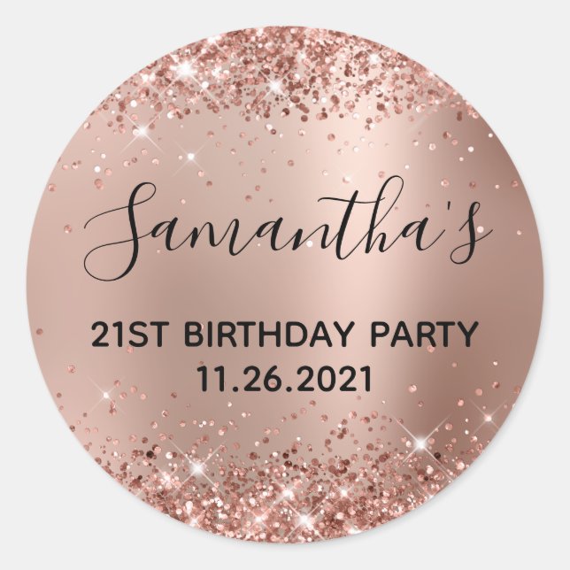 Glittery Rose Gold Glam Gradient 21st Birthday Classic Round Sticker (Front)