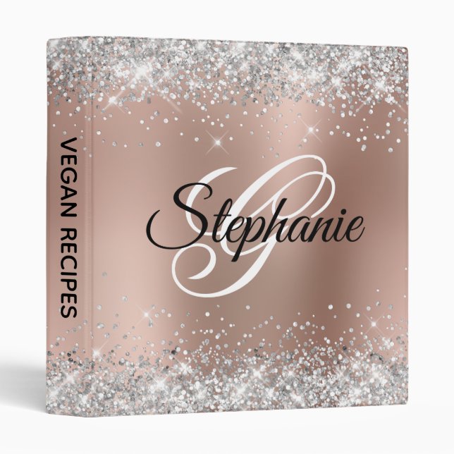 Glittery Rose Gold Glam Gradient Monogram Recipe Binder (Front/Spine)