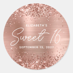 Glittery Rose Gold Glam Modern Script Sweet 16 Classic Round Sticker