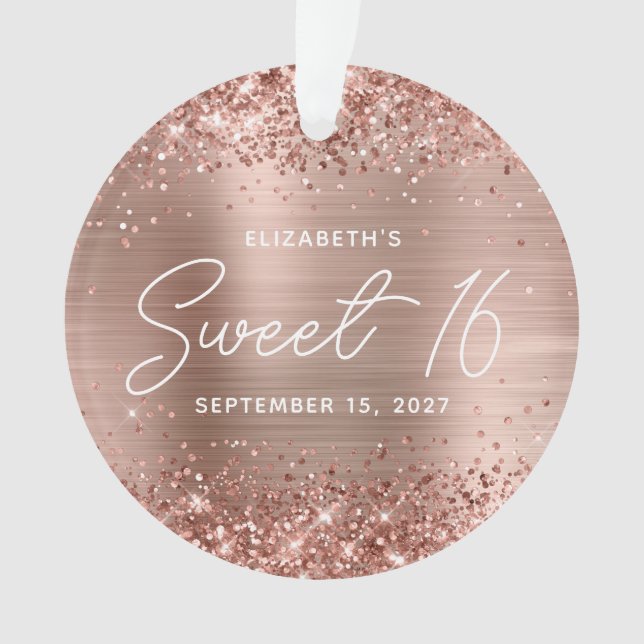 Glittery Rose Gold Glam Modern Sweet 16 Photo Ornament (Front)