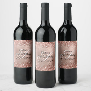 Glittery Rose Gold Glam Monogram 70th Birthday Wine Label