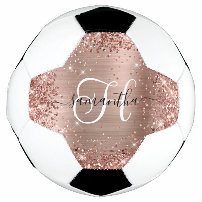 Glittery Rose Gold Glam Monogram Soccer Ball (Front)