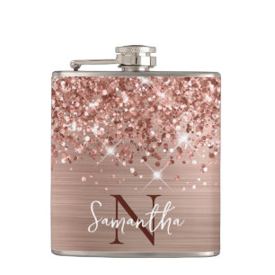 Glittery Rose Gold Glam Monogrammed Hip Flask