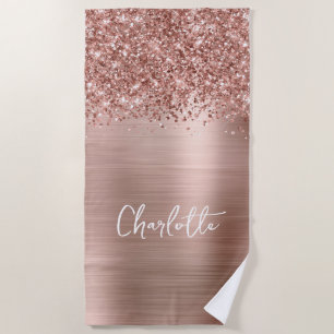 Glittery Rose Gold Glam Name Beach Towel