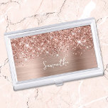 Glittery Rose Gold Glam Name Business Card Holder<br><div class="desc">Customize the modern handwritten style script to create your own business card case. Add a monogram initial to create a first name initial combination. Girly faux blush pink and rose gold glitter and brushed metal foil digital art (it will print like a photo on your modern case). Girl boss stocking...</div>