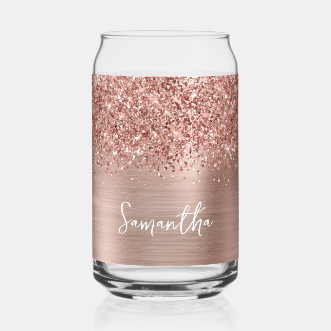 Glittery Rose Gold Glam Name Can Glass (Front)