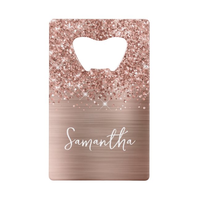 Glittery Rose Gold Glam Name Credit Card Bottle Opener (Front)