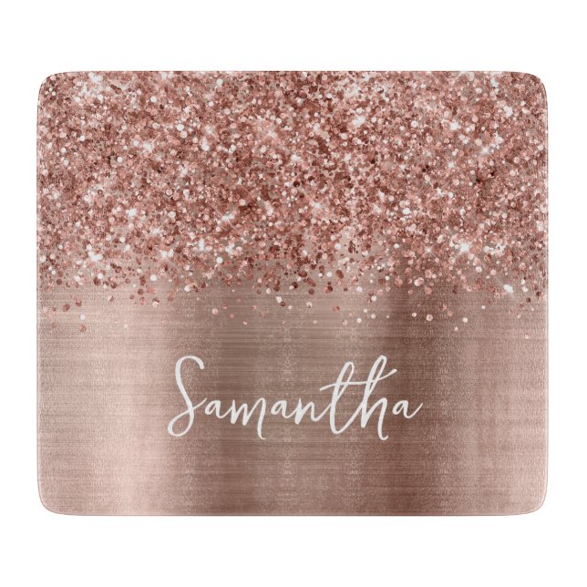 Glittery Rose Gold Glam Name Cutting Board (Front)