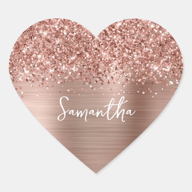 Glittery Rose Gold Glam Name Heart Sticker (Front)