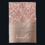 Glittery Rose Gold Glam Name Kitchen Towel<br><div class="desc">Customize the modern handwritten style script to create your own personalized kitchen towel for her new home.
Add a monogram initial to create a first name initial combination.
Girly faux rose gold glitter and metallic foil digital art that will print like a photo on your design.</div>