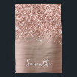 Glittery Rose Gold Glam Name Kitchen Towel<br><div class="desc">Customize the modern handwritten style script to create your own personalized kitchen towel for her new home.
Add a monogram initial to create a first name initial combination.
Girly faux rose gold glitter and metallic foil digital art that will print like a photo on your design.</div>