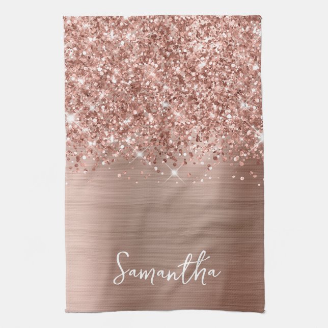 Glittery Rose Gold Glam Name Kitchen Towel (Vertical)