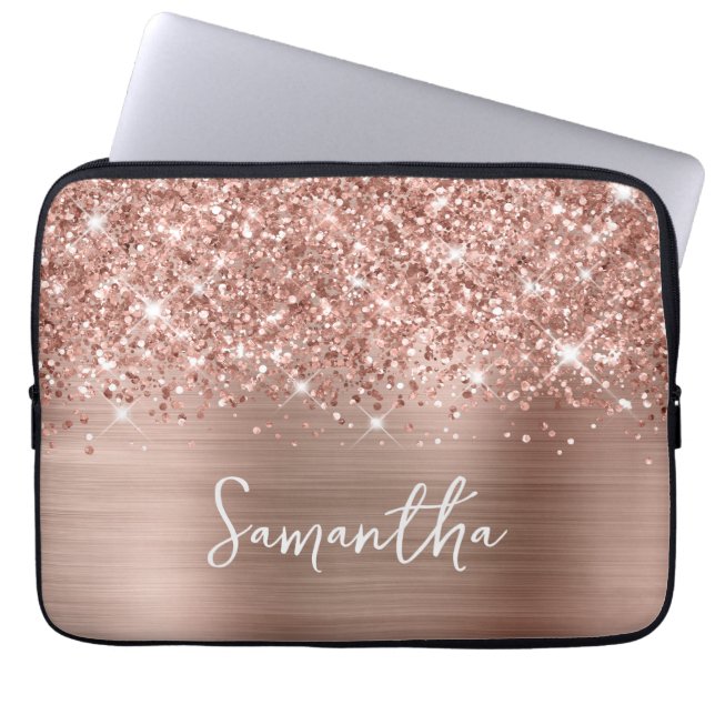 Glittery Rose Gold Glam Name Laptop Sleeve (Front)