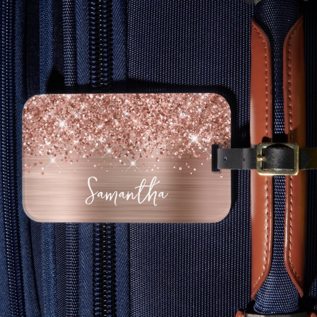 Glittery Rose Gold Glam Name Luggage Tag (Front Insitu 4)