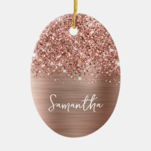 Glittery Rose Gold Glam Name Oval Photo Ceramic Ornament