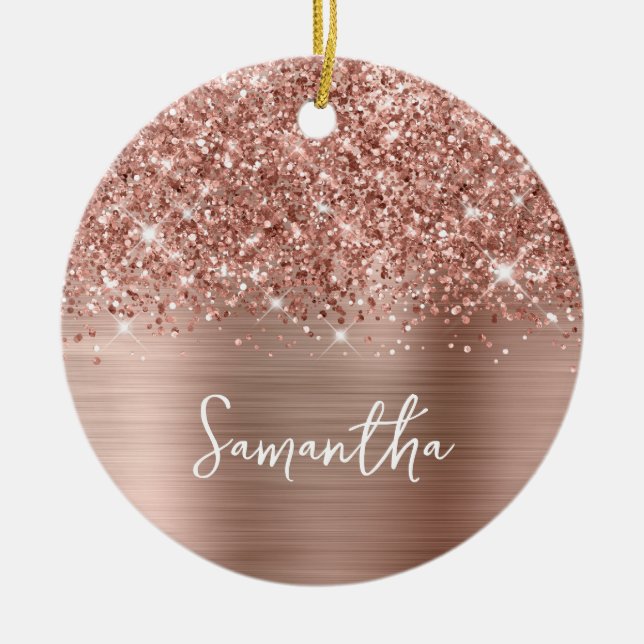 Glittery Rose Gold Glam Name Photo Ceramic Ornament (Front)