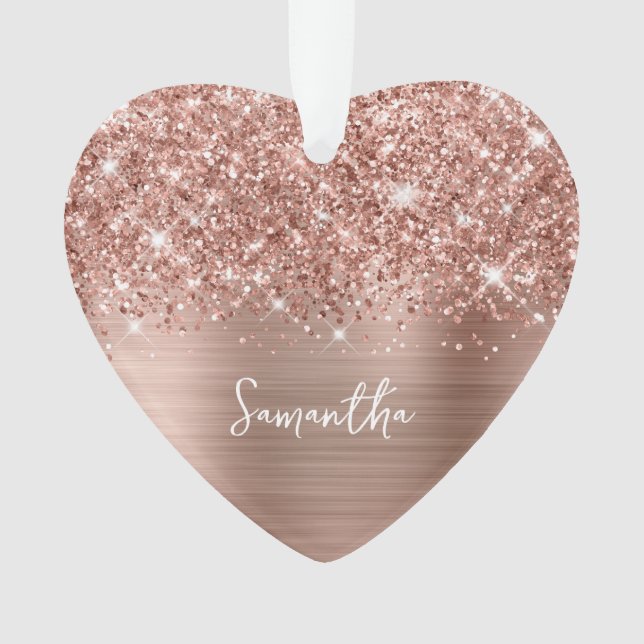 Glittery Rose Gold Glam Name Photo Ornament (Front)