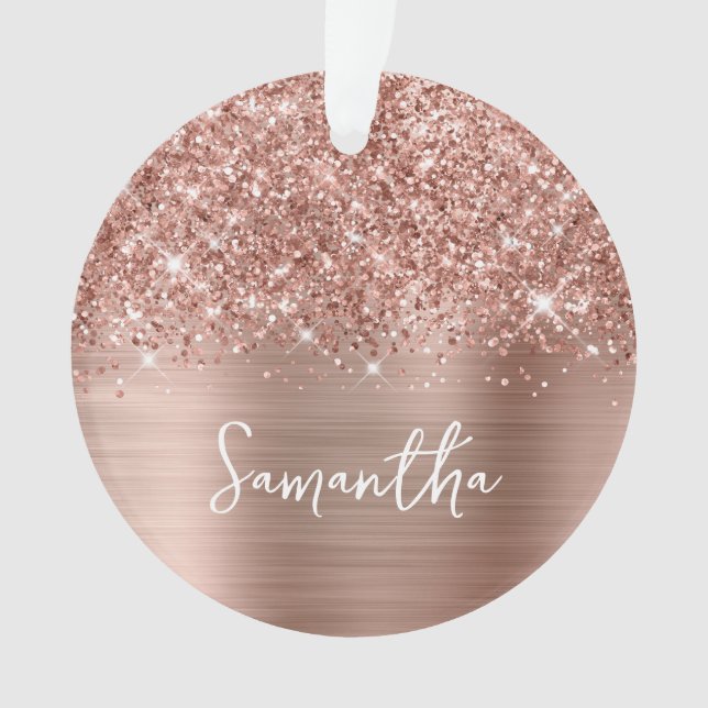 Glittery Rose Gold Glam Name Photo Ornament (Front)