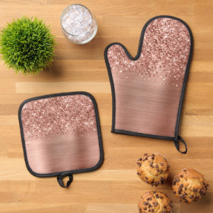 Glittery Rose Gold Glam Oven Mitt & Pot Holder Set