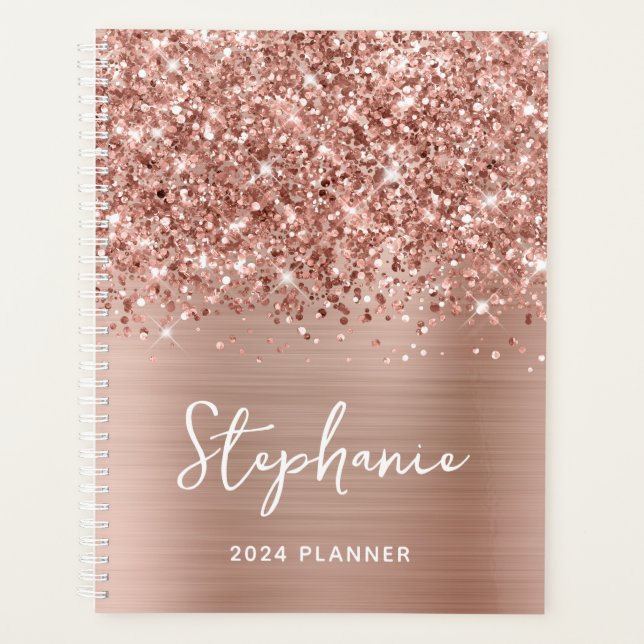 Glittery Rose Gold Glam Personalized 2024 Planner (Front)