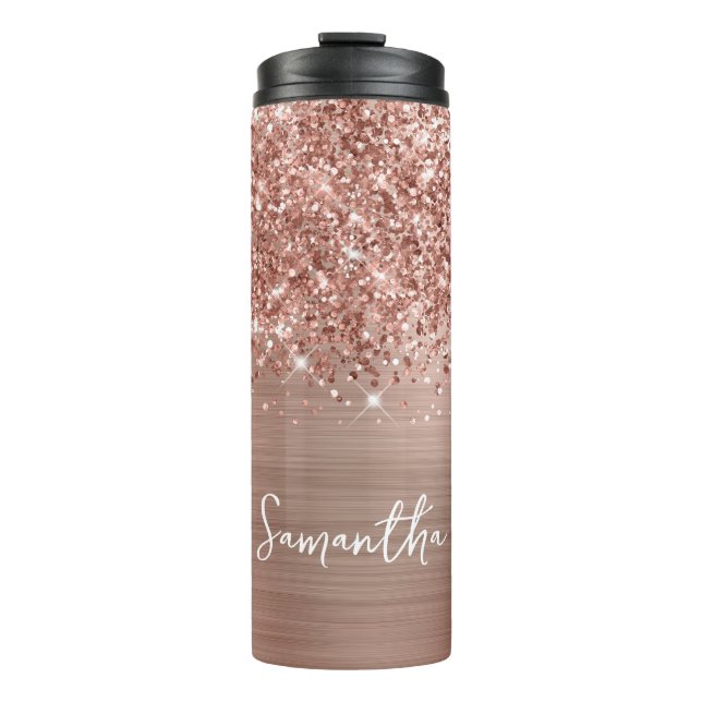 Glittery Rose Gold Glam Personalized Name Thermal Tumbler (Front)