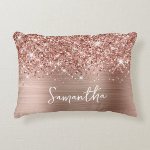 Glittery Rose Gold Glam Script Name Accent Pillow