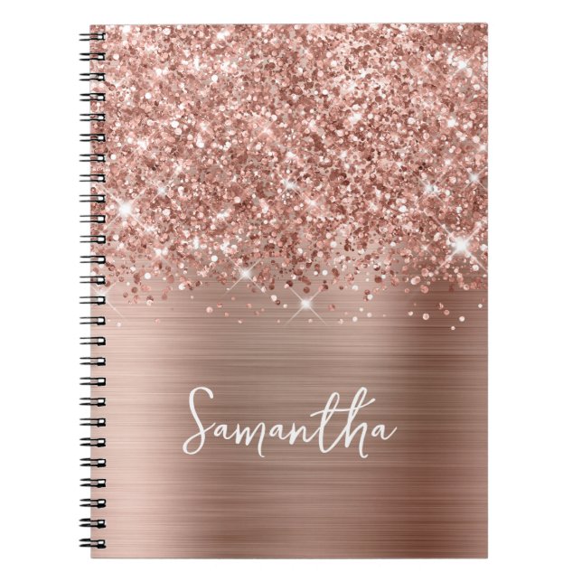 Glittery Rose Gold Glam Script Name Notebook (Front)