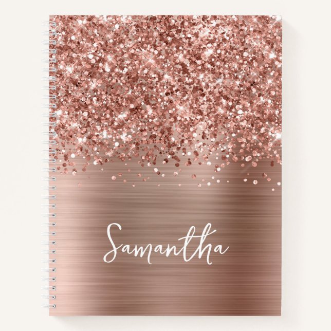 Glittery Rose Gold Glam Script Name Notebook (Front)