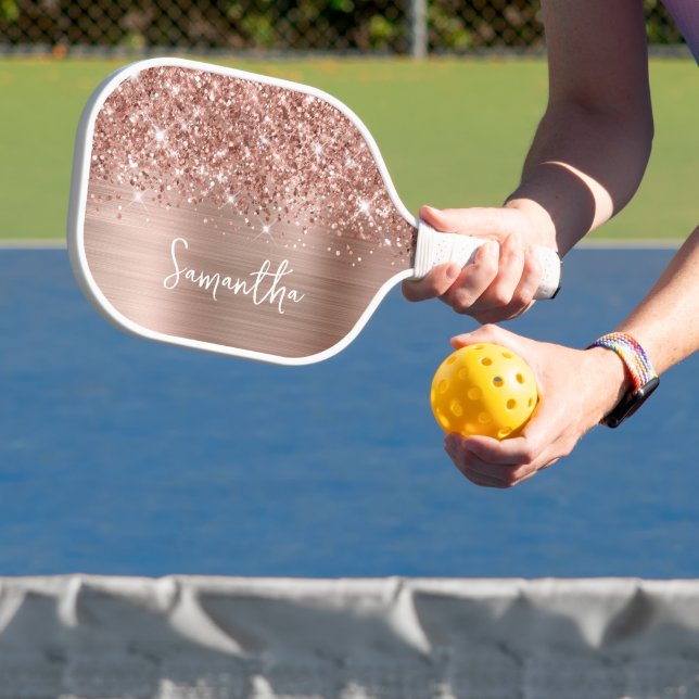 Glittery Rose Gold Glam Script Name Pickleball Paddle (Insitu)