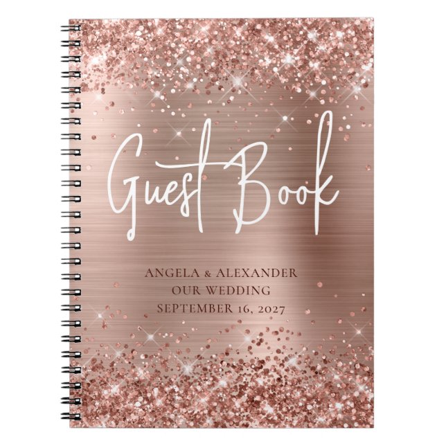Glittery Rose Gold Glam Wedding Guestbook Notebook (Front)