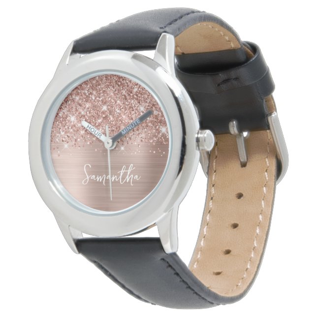 Glittery Rose Gold Glam White Name Watch (Angled)