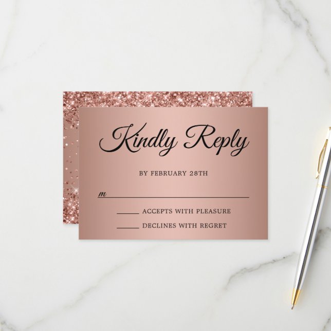Glittery Rose Gold Gradient Kindly Reply Wedding RSVP Card (Front/Back In Situ)