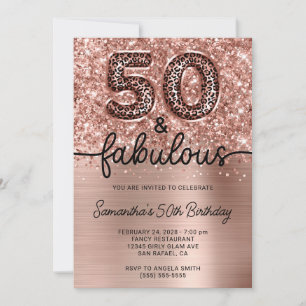 Glittery Rose Gold Leopard Glam 50 and Fabulous Invitation