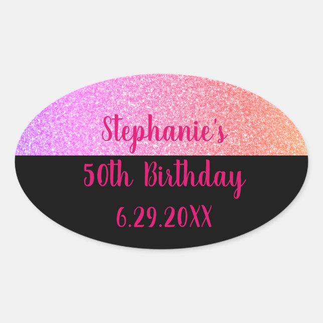Glittery Rose Gold Pink Black Happy Birthday 2023 Oval Sticker (Front)