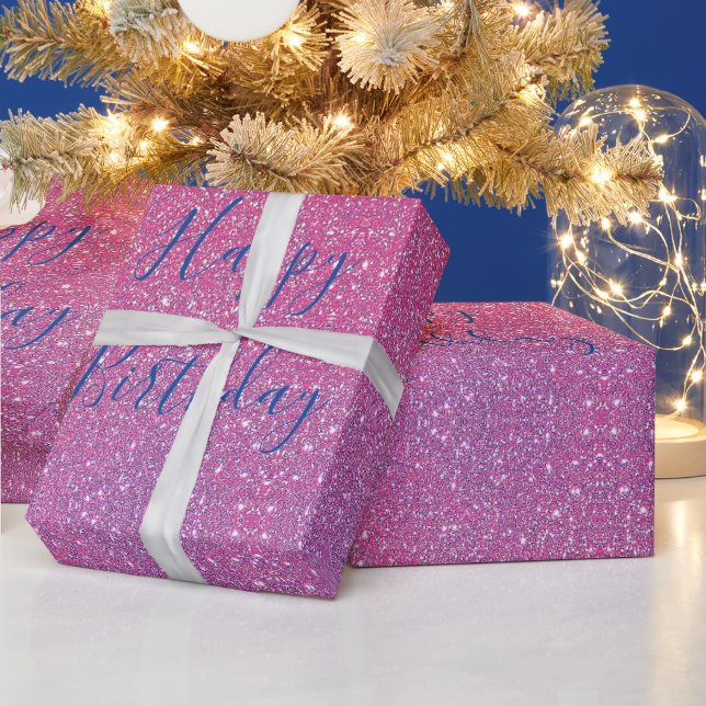 Glittery Rose Gold Pink Blue Ombre Happy Birthday Wrapping Paper (Holidays)