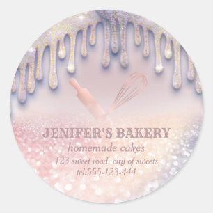 Glittery rose gold rolling pin & whisk chef bakery classic round sticker