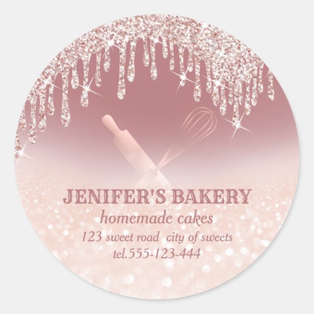 Glittery rose gold rolling pin & whisk chef bakery classic round sticker (Front)