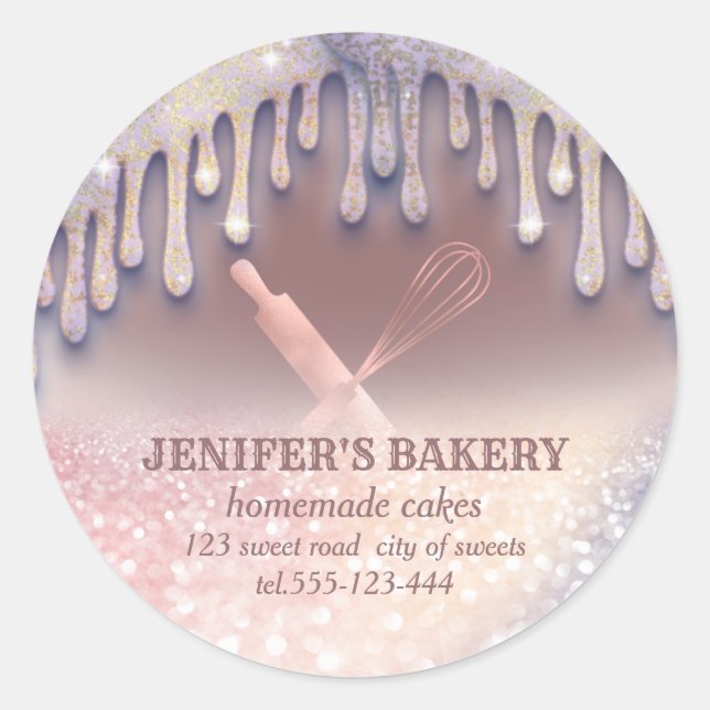 Glittery rose gold rolling pin & whisk chef bakery classic round sticker (Front)