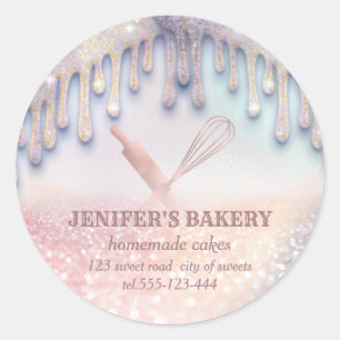 Glittery rose gold rolling pin & whisk chef bakery classic round sticker